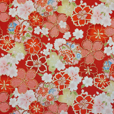 Tissu Kokka rouge fleurs de cerisier rouges, roses, jaunes et blanches
