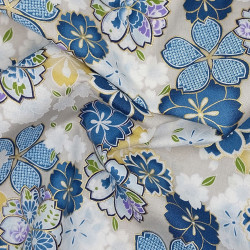 Tissu Kokka gris fleurs de cerisier bleues, blanches et jaunes