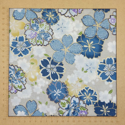 Tissu Kokka gris fleurs de cerisier bleues, blanches et jaunes