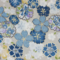 Tissu Kokka gris fleurs de cerisier bleues, blanches et jaunes
