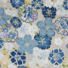Tissu Kokka gris fleurs de cerisier bleues, blanches et jaunes