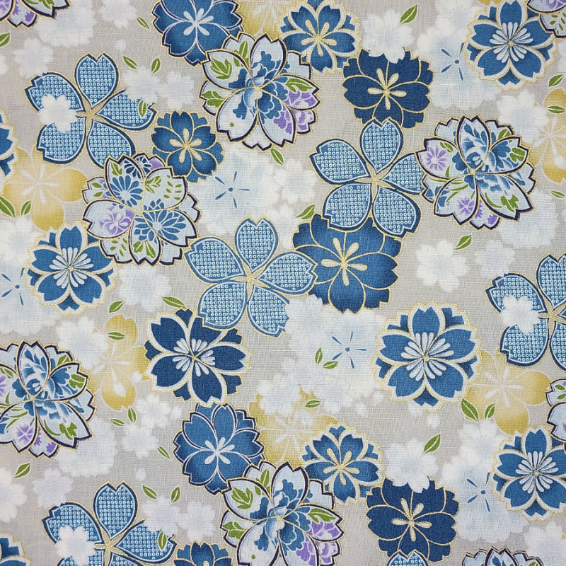 Tissu Kokka gris fleurs de cerisier bleues, blanches et jaunes