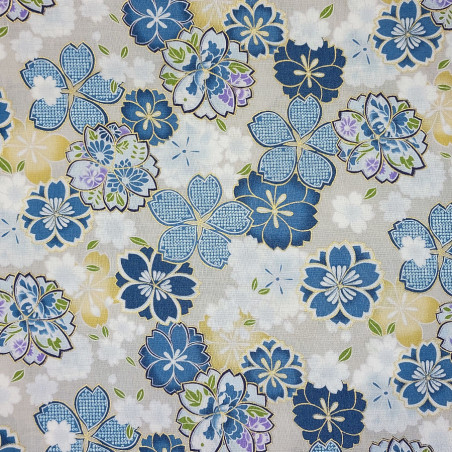 Tissu Kokka gris fleurs de cerisier bleues, blanches et jaunes