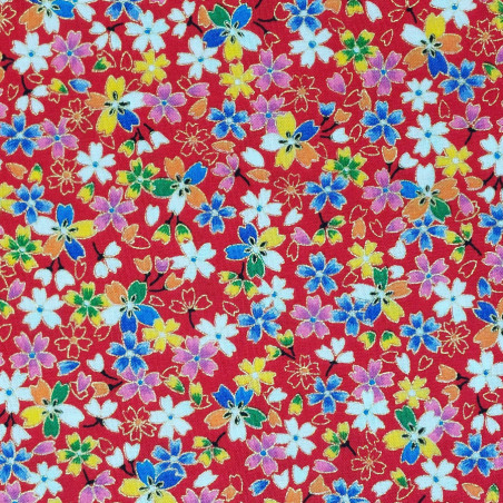 Tissu japonais rouge fleurs de cerisier multicolores et doré