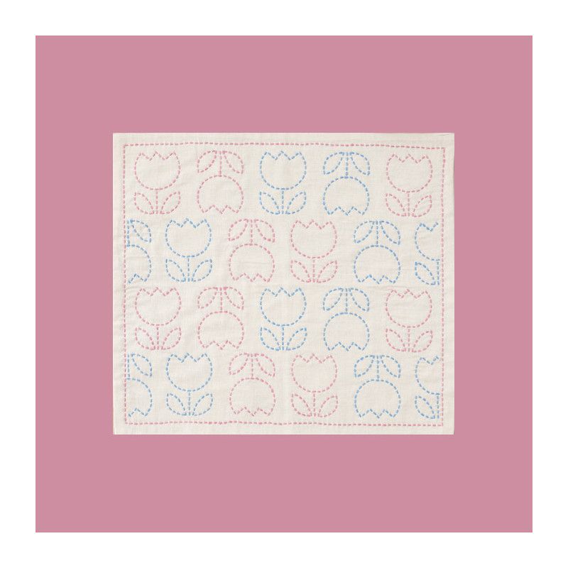 Kids's friendly sashiko kit blue and pink tulips