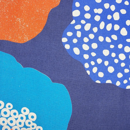 Echino cotton linen canvas fabric with red, blue and natural stylised flowers