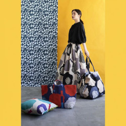 Echino cotton linen canvas fabric with black, grey, beige and natural stylised flowers