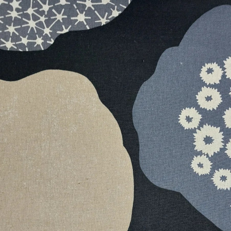 Echino cotton linen canvas fabric with black, grey, beige and natural stylised flowers