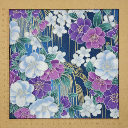 Marine blue Japanese fabric with purple, fuchsia, white and gold cherry blossom patterns