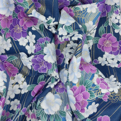 Marine blue Japanese fabric with purple, fuchsia, white and gold cherry blossom patterns