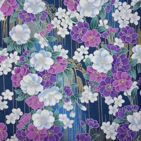 Marine blue Japanese fabric with purple, fuchsia, white and gold cherry blossom patterns