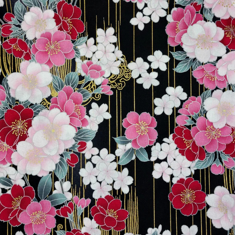 Black Japanese fabric with pink, fuchsia, white and gold cherry blossom patterns