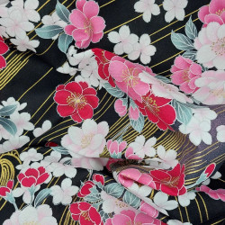Black Japanese fabric with pink, fuchsia, white and gold cherry blossom patterns