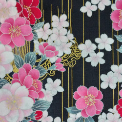 Black Japanese fabric with pink, fuchsia, white and gold cherry blossom patterns