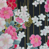 Tissu japonais noir fleurs de cerisier roses fuchsia blanches et dorées