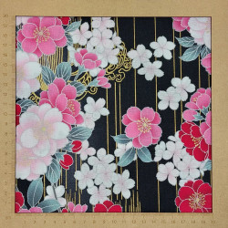 Black Japanese fabric with pink, fuchsia, white and gold cherry blossom patterns