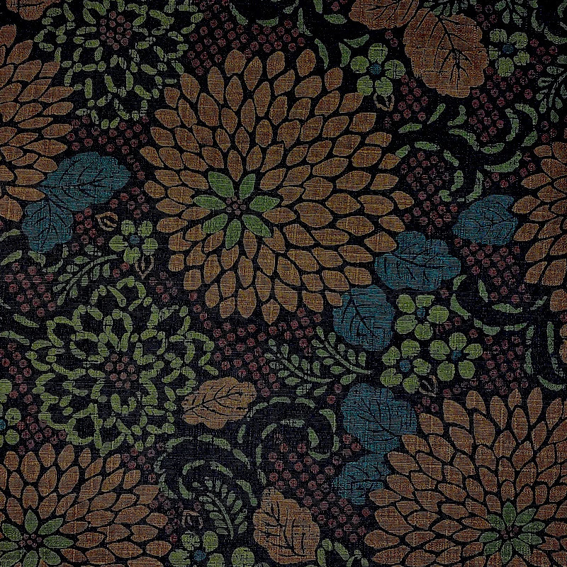 Tissu japonais texturé marron chrysanthèmes oranges, verts et bleus
