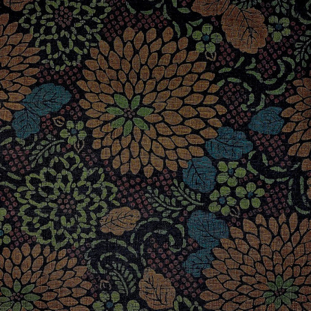 Dark brown Japanese fabric with orange blue and green chrysanthemum on dobby cotton