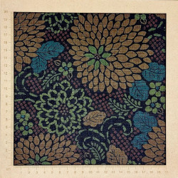 Tissu japonais texturé marron chrysanthèmes oranges, verts et bleus