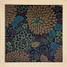 Tissu japonais texturé marron chrysanthèmes oranges, verts et bleus