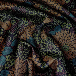 Dark brown Japanese fabric with orange blue and green chrysanthemum on dobby cotton