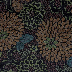 Tissu japonais texturé marron chrysanthèmes oranges, verts et bleus