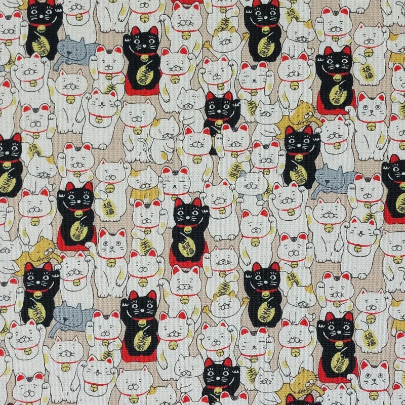 Japanese cotton linen fabric with lucky cats manekineko