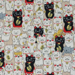 Japanese cotton linen fabric with lucky cats manekineko