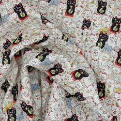Japanese cotton linen fabric with lucky cats manekineko