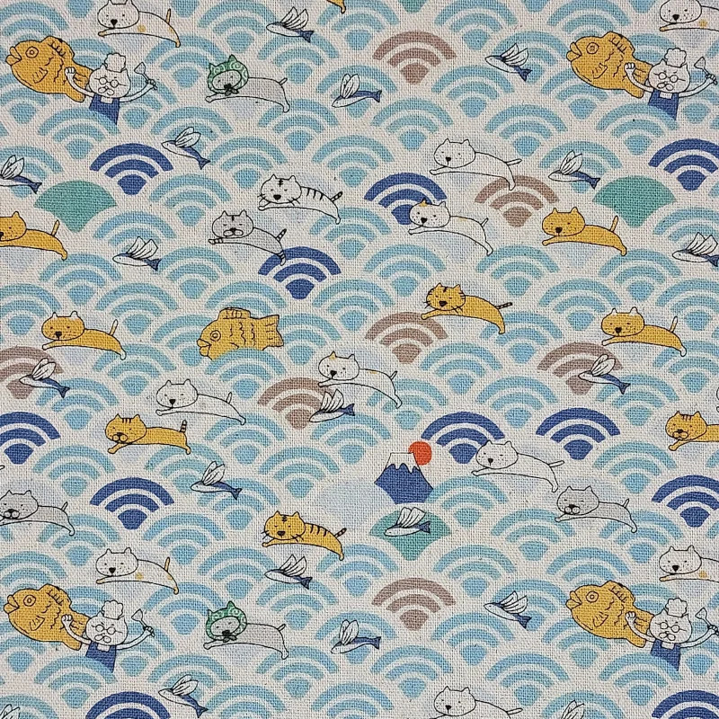 Tissu coton lin chats et vagues bleu ciel