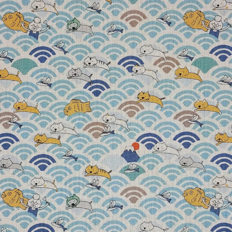 Japanese cotton linen fabric with cats and light blue waves