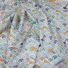 Japanese cotton linen fabric with cats and light blue waves