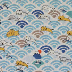 Japanese cotton linen fabric with cats and light blue waves