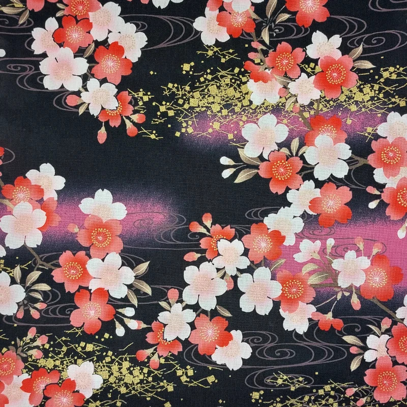 Tissu japonais noir fleurs de cerisier roses rouges et blanches