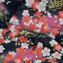 Tissu japonais noir fleurs de cerisier roses rouges et blanches
