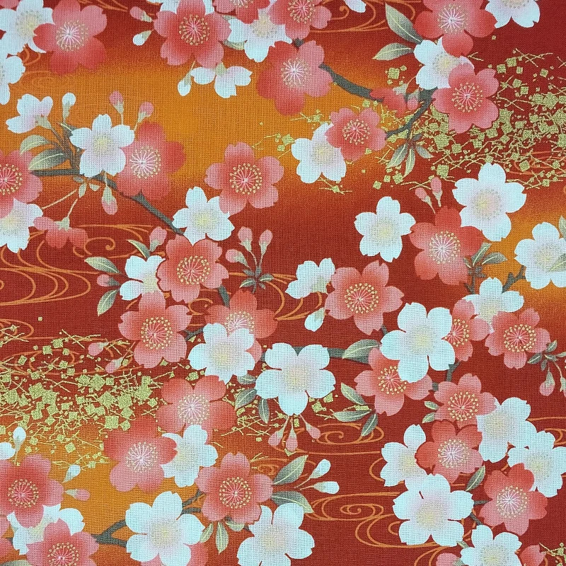Tissu japonais rouille fleurs de cerisier rouge clair et blanches