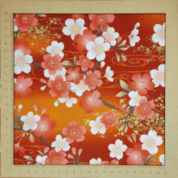 Tissu japonais rouille fleurs de cerisier rouge clair et blanches