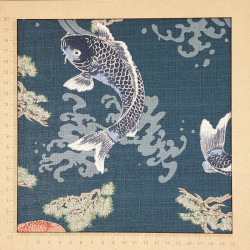 Tissu carpes et pins sur fond  sur fond vert émeraude foncé en coton dobby