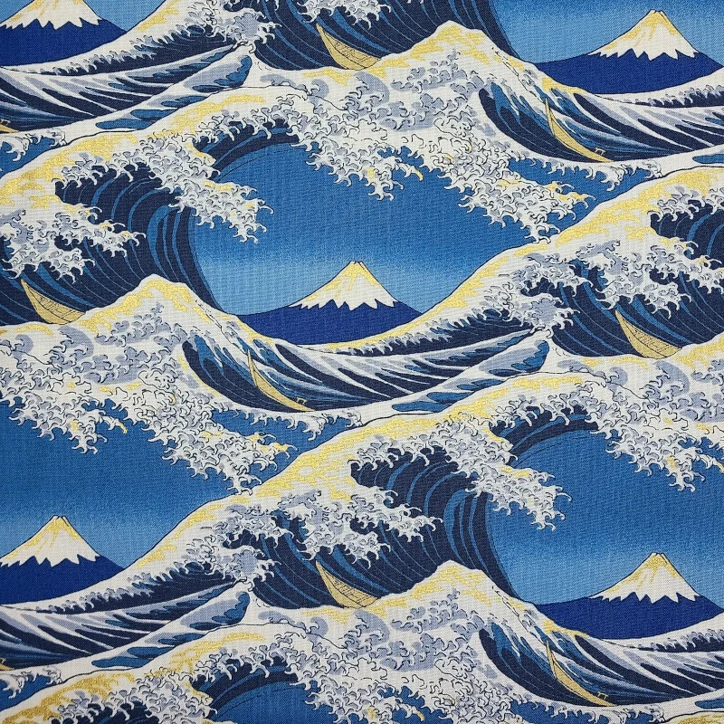 Tissu japonais la Grande Vague (Hokusai) en bleu foncé