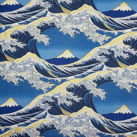 Tissu japonais la Grande Vague (Hokusai) en bleu foncé