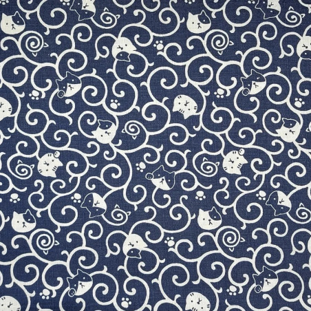 Tissu bleu nuit chats et arabesques en coton dobby