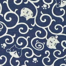 Tissu bleu nuit chats et arabesques en coton dobby