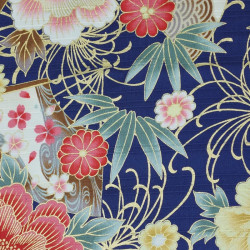 Japanese dark blue textured fabric with fans and peonies patterns