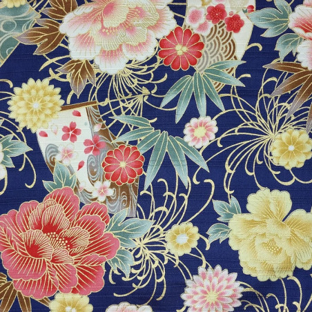 Japanese dark blue textured fabric with fans and peonies patterns