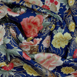 Japanese dark blue textured fabric with fans and peonies patterns