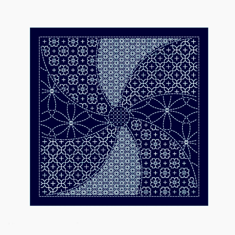 Dark blue pre-printed sashiko cut with hana temari patterns