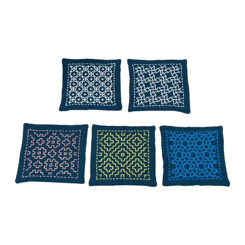 Sashiko kit 5 midnight blue coasters hitomezashi style v2