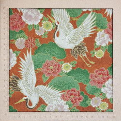 Japanese fabric with cranes and peonies on a rusty color background