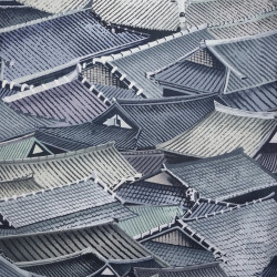 Japanese fabric with traditional houses roofs patterns