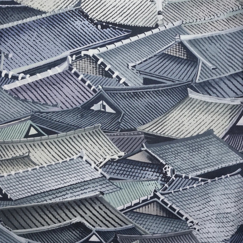 Japanese fabric with traditional houses roofs patterns